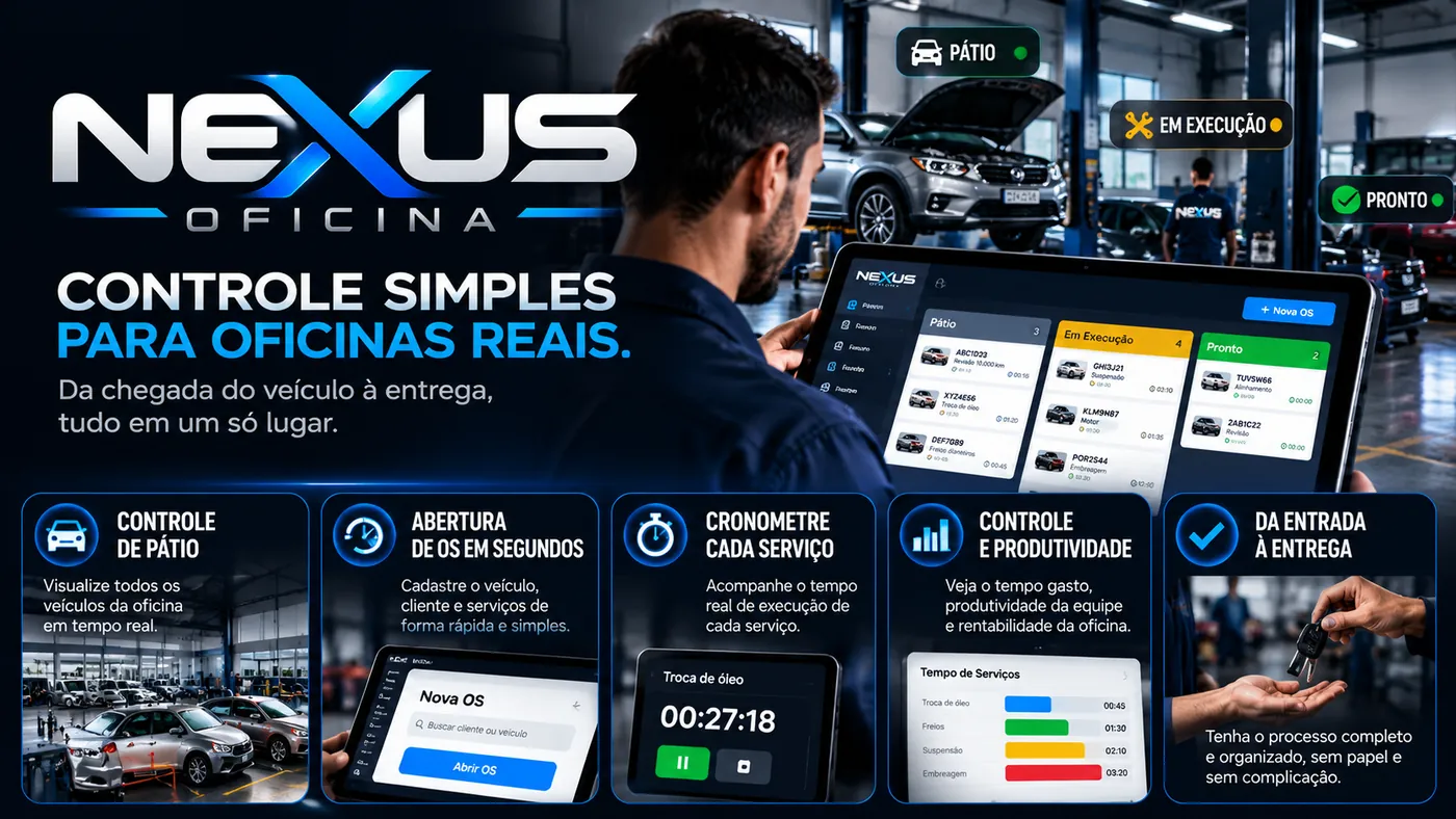 Mecânico usando o tablet com o Nexus para acompanhar os veículos no pátio